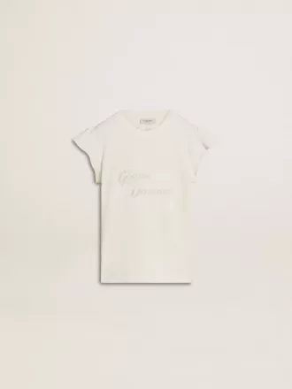 Mädchen-T-Shirt mit Rüschenärmeln, Schriftzug und Stickerei