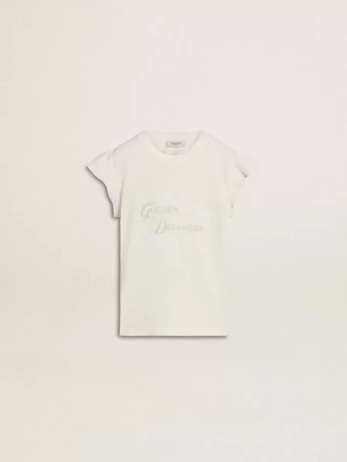 Mädchen-T-Shirt mit Rüschenärmeln, Schriftzug und Stickerei