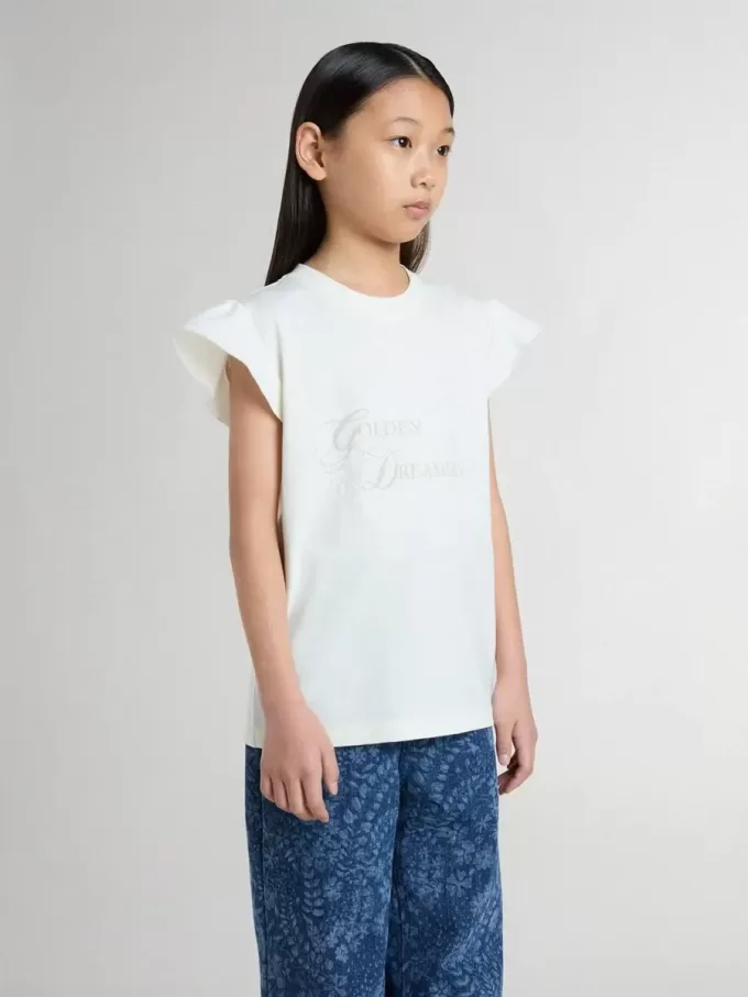 Mädchen-T-Shirt mit Rüschenärmeln, Schriftzug und Stickerei