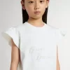 Mädchen-T-Shirt mit Rüschenärmeln, Schriftzug und Stickerei