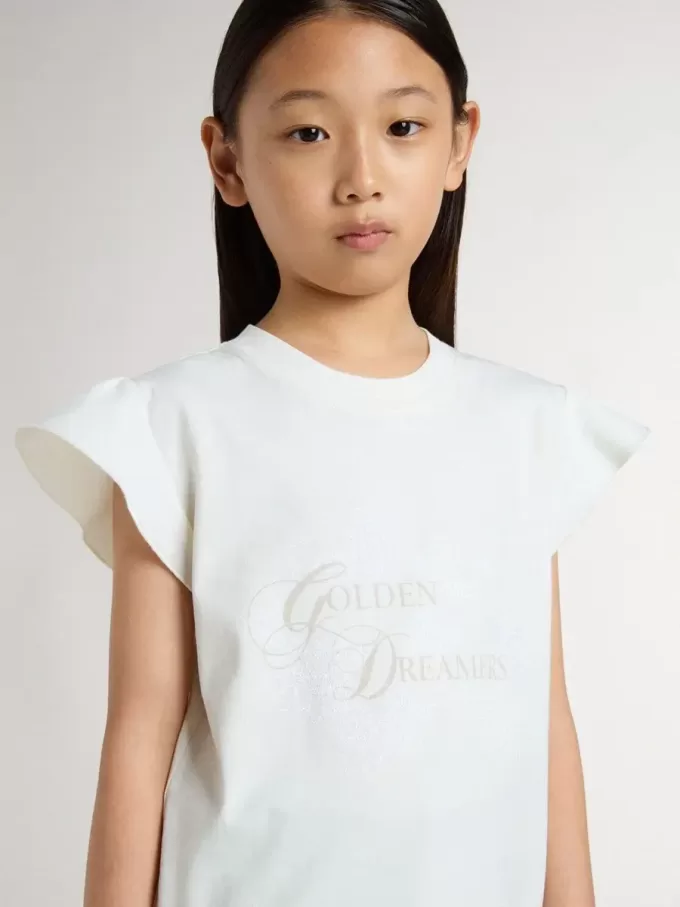 Mädchen-T-Shirt mit Rüschenärmeln, Schriftzug und Stickerei