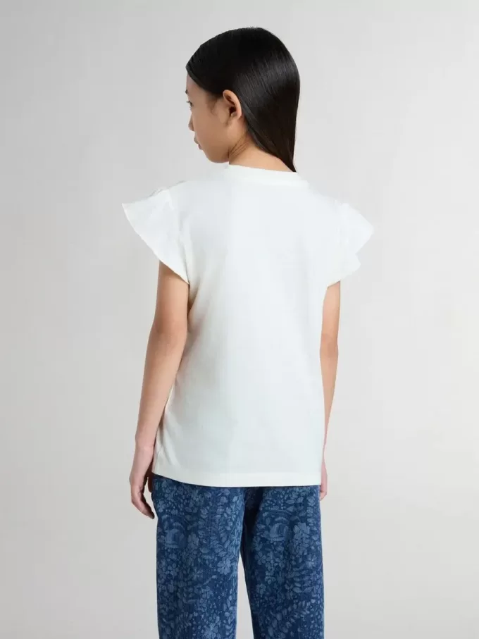 Mädchen-T-Shirt mit Rüschenärmeln, Schriftzug und Stickerei