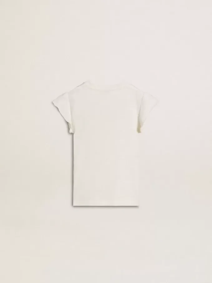 Mädchen-T-Shirt mit Rüschenärmeln, Schriftzug und Stickerei