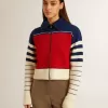 Mehrfarbig gestreiftes, kurzes Sweatshirt aus Wolle für Damen Mehrfarbig gestreiftes, kurzes Sweatshirt aus Wolle für Damen