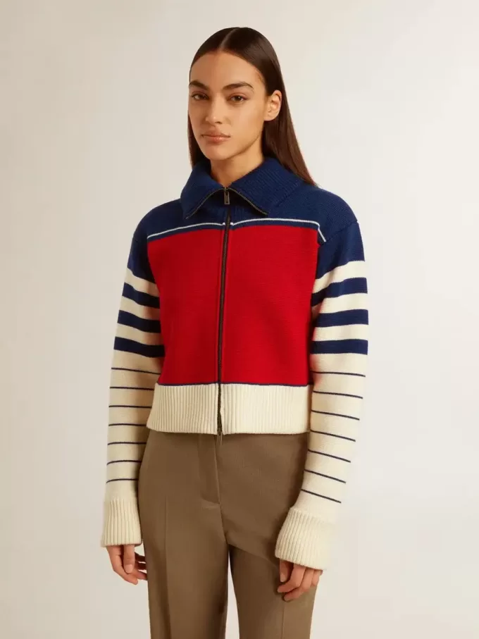 Mehrfarbig gestreiftes, kurzes Sweatshirt aus Wolle für Damen Mehrfarbig gestreiftes, kurzes Sweatshirt aus Wolle für Damen