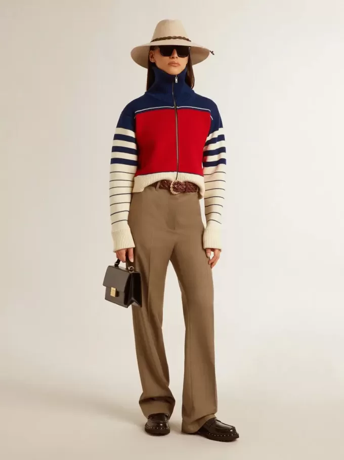 Mehrfarbig gestreiftes, kurzes Sweatshirt aus Wolle für Damen Mehrfarbig gestreiftes, kurzes Sweatshirt aus Wolle für Damen