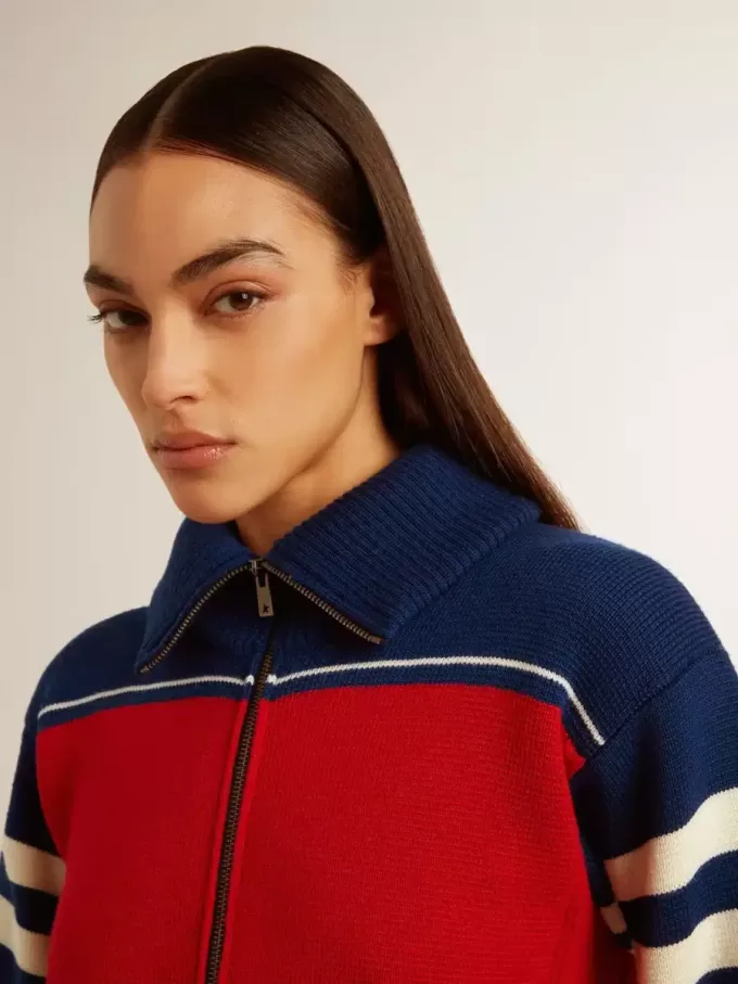 Mehrfarbig gestreiftes, kurzes Sweatshirt aus Wolle für Damen Mehrfarbig gestreiftes, kurzes Sweatshirt aus Wolle für Damen