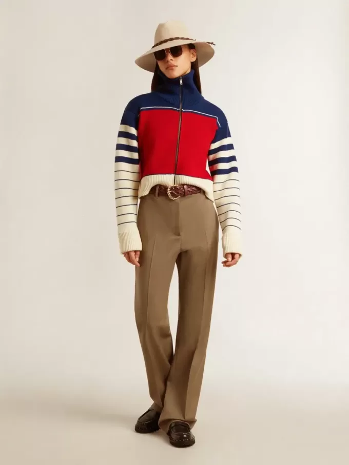 Mehrfarbig gestreiftes, kurzes Sweatshirt aus Wolle für Damen Mehrfarbig gestreiftes, kurzes Sweatshirt aus Wolle für Damen