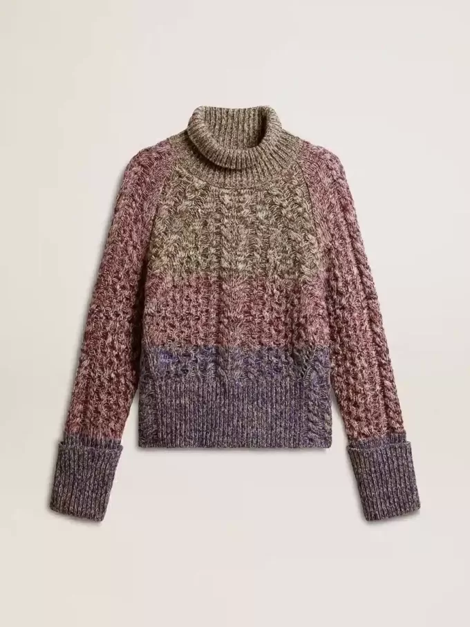 Mehrfarbiger Damenpullover mit hohem Kragen aus Mouliné-Garn Mehrfarbiger Damenpullover mit hohem Kragen aus Mouliné-Garn