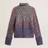 Mehrfarbiger Damenpullover mit hohem Kragen aus Mouliné-Garn Mehrfarbiger Damenpullover mit hohem Kragen aus Mouliné-Garn