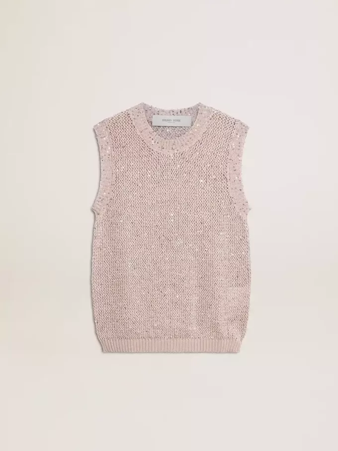 Mesh-Strickoberteil mit Pailletten und kontrastierenden Details Mesh-Strickoberteil mit Pailletten und kontrastierenden Details