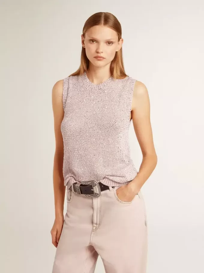 Mesh-Strickoberteil mit Pailletten und kontrastierenden Details Mesh-Strickoberteil mit Pailletten und kontrastierenden Details