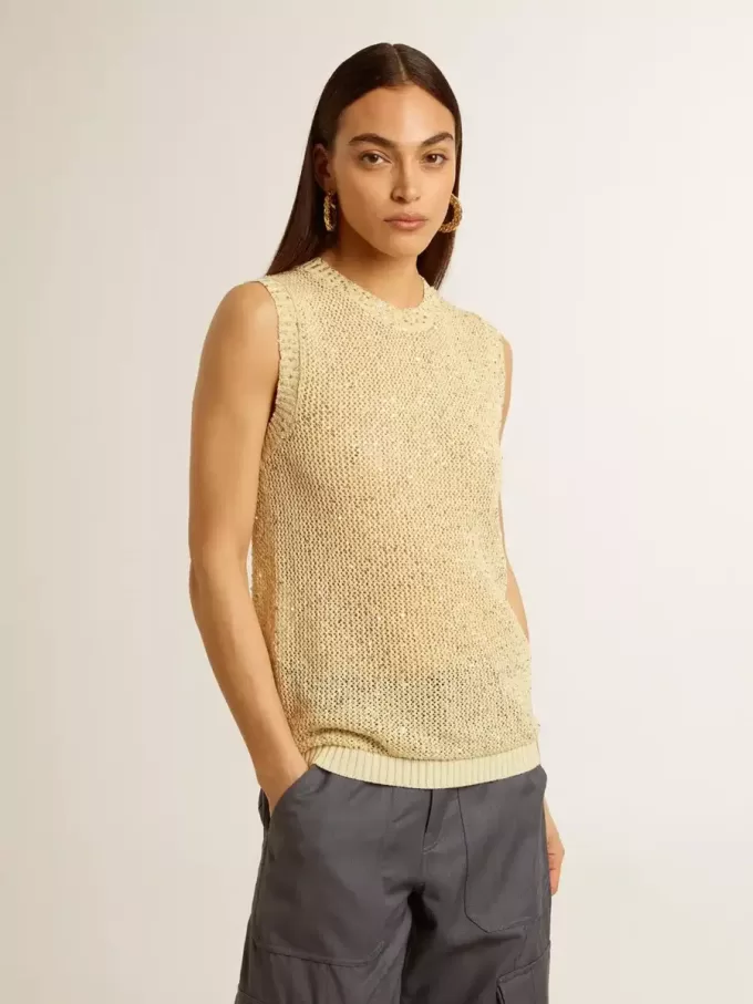 Mesh-Strickoberteil mit Pailletten und kontrastierenden Details Mesh-Strickoberteil mit Pailletten und kontrastierenden Details