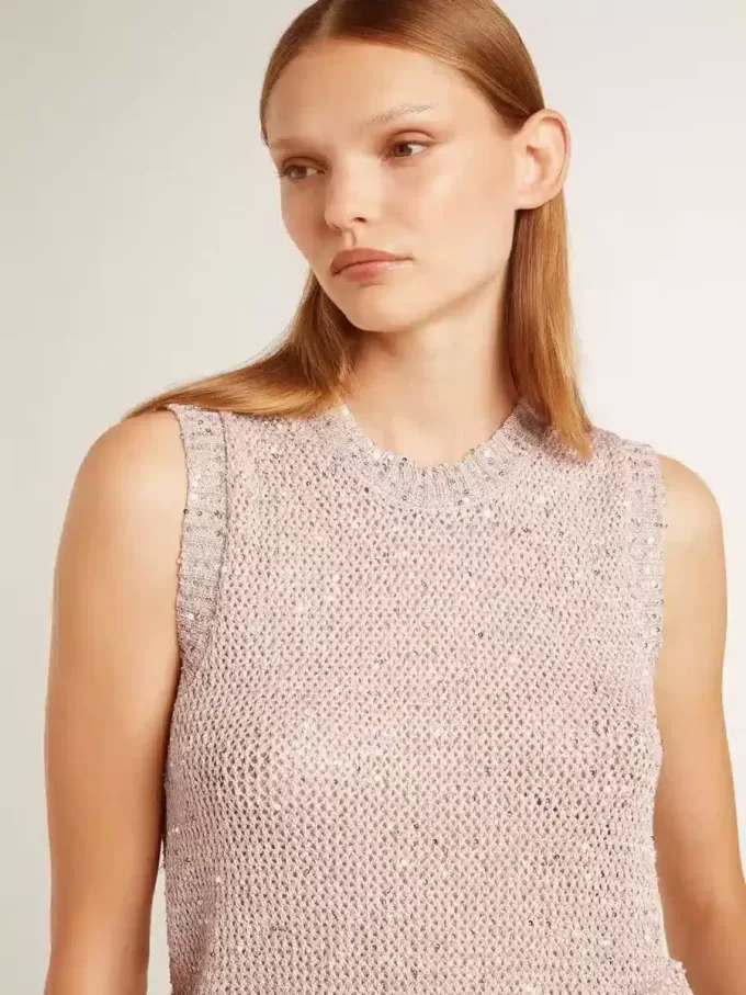 Mesh-Strickoberteil mit Pailletten und kontrastierenden Details Mesh-Strickoberteil mit Pailletten und kontrastierenden Details