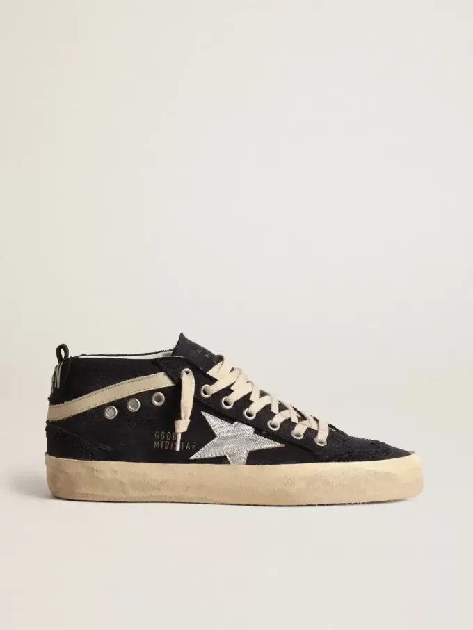 Mid Star aus blauer Baumwolle mit silbernem Stern und Lederbesatz