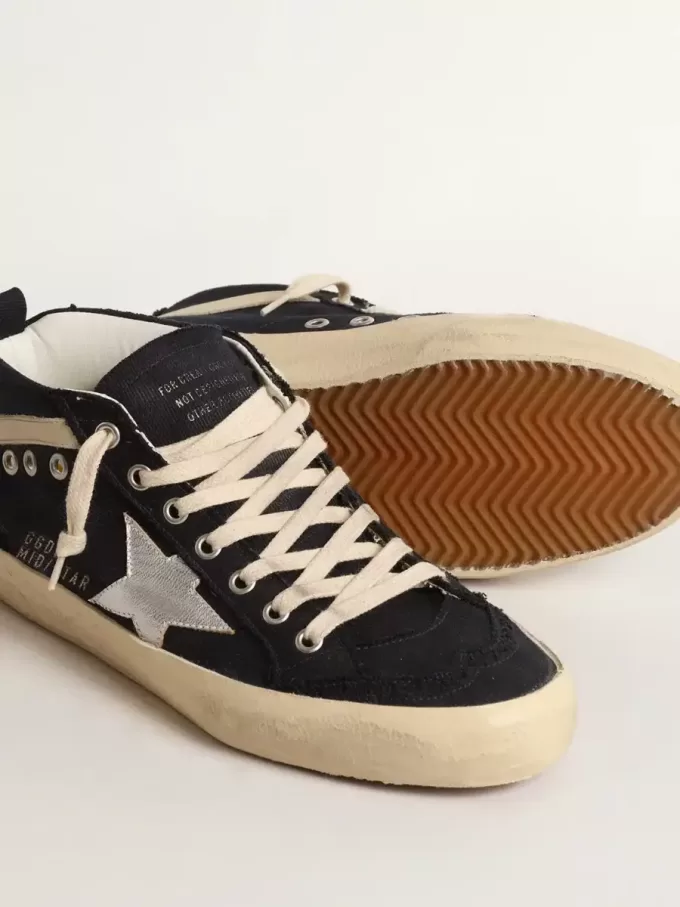 Mid Star aus blauer Baumwolle mit silbernem Stern und Lederbesatz