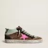 Mid Star aus Ponyfell mit Leopardenmuster und fuchsiafarbenem Lederstern