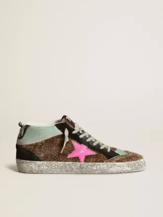 Mid Star aus Ponyfell mit Leopardenmuster und fuchsiafarbenem Lederstern