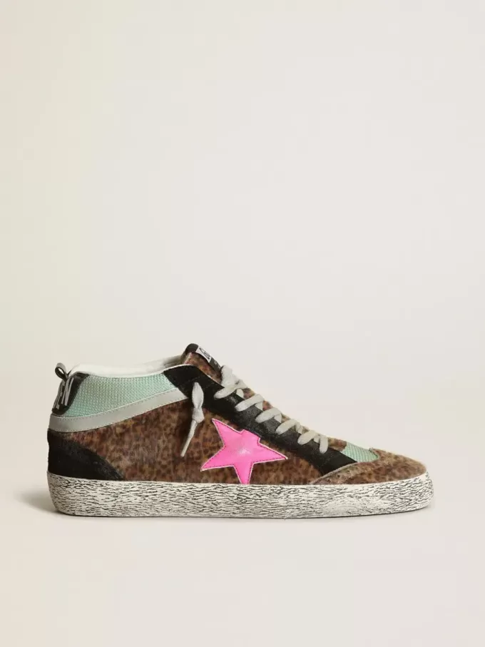 Mid Star aus Ponyfell mit Leopardenmuster und fuchsiafarbenem Lederstern