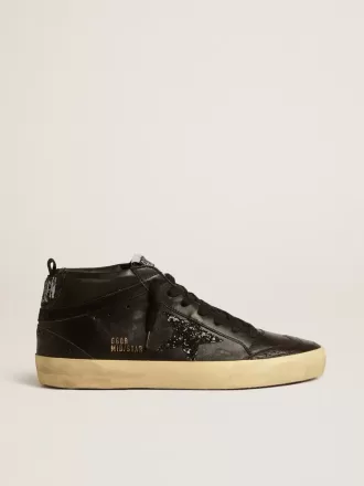 Mid Star für Damen aus schwarzem Nappaleder mit schwarzem Glitzerstern und Wildleder-Flash
