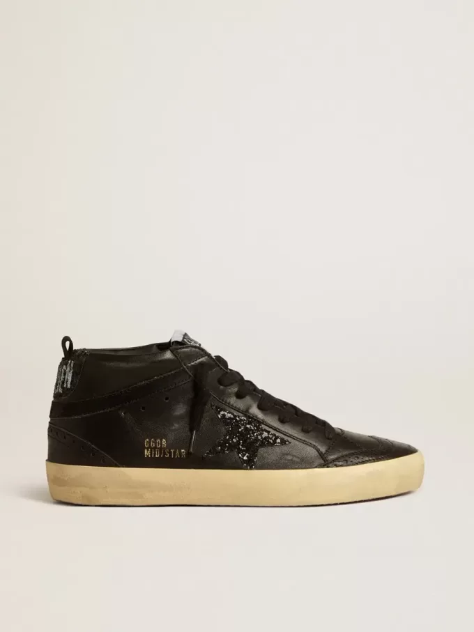 Mid Star für Damen aus schwarzem Nappaleder mit schwarzem Glitzerstern und Wildleder-Flash