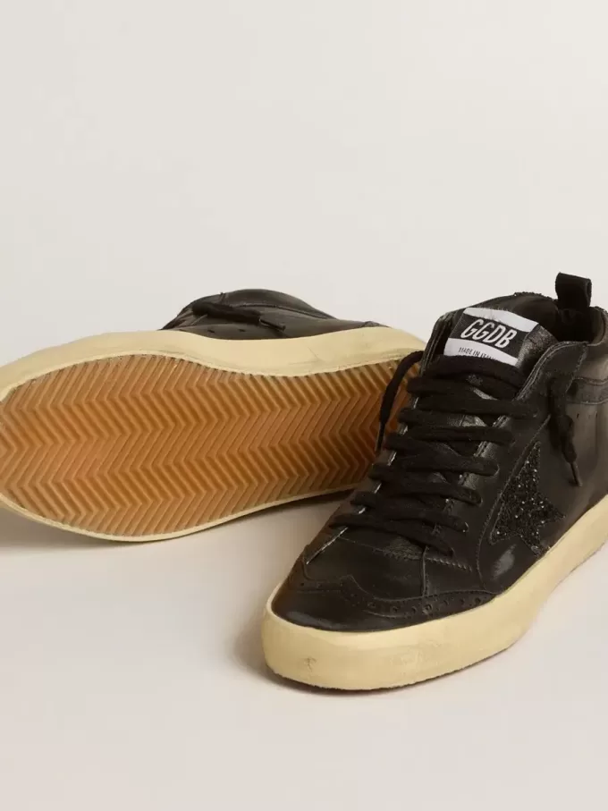 Mid Star für Damen aus schwarzem Nappaleder mit schwarzem Glitzerstern und Wildleder-Flash