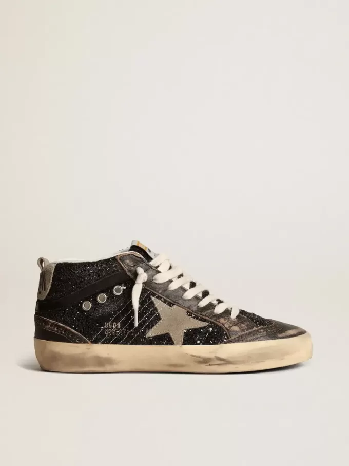 Mid Star für Damen in Schwarz mit Glitzer, taubengrauem Wildleder-Stern und Fersenlasche Mid Star für Damen in Schwarz mit Glitzer, taubengrauem Wildleder-Stern und Fersenlasche