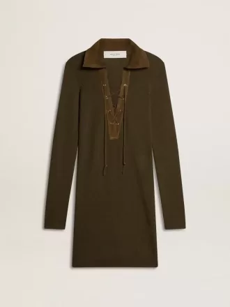 Militärgrünes Minikleid aus Wolle mit Lederdetails