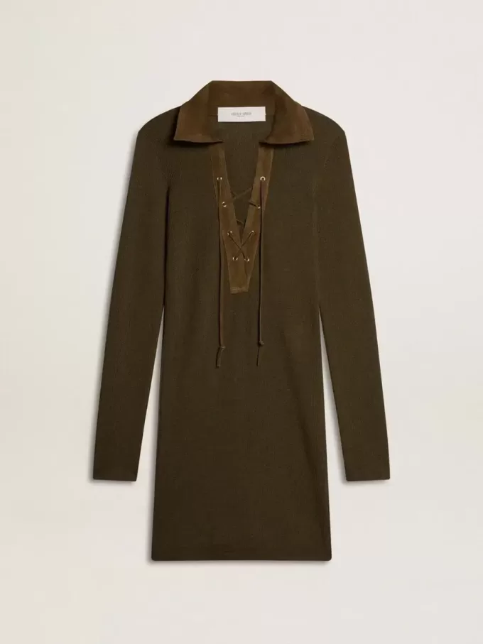 Militärgrünes Minikleid aus Wolle mit Lederdetails
