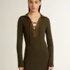 Militärgrünes Minikleid aus Wolle mit Lederdetails