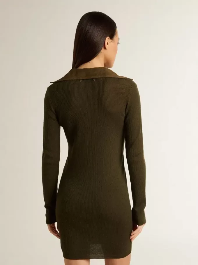 Militärgrünes Minikleid aus Wolle mit Lederdetails