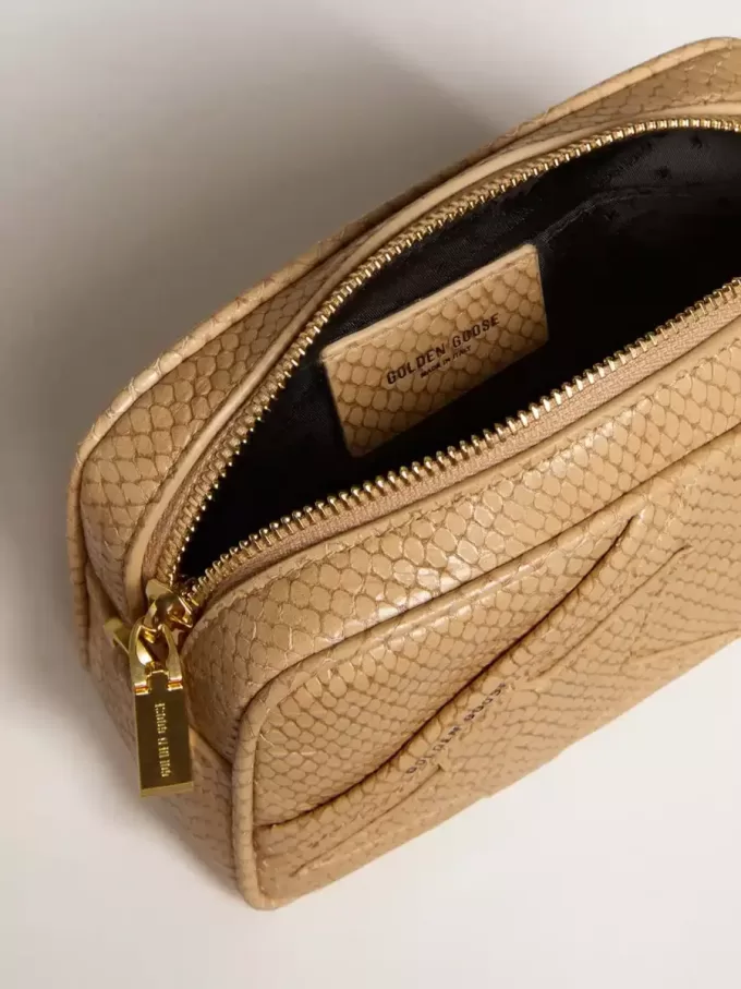 Mini Star Bag aus beigem Leder mit Schlangenprint
