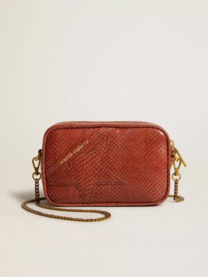 Mini Star Bag aus rostfarbenem Leder mit Schlangenprint