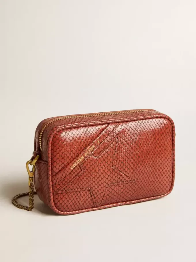 Mini Star Bag aus rostfarbenem Leder mit Schlangenprint