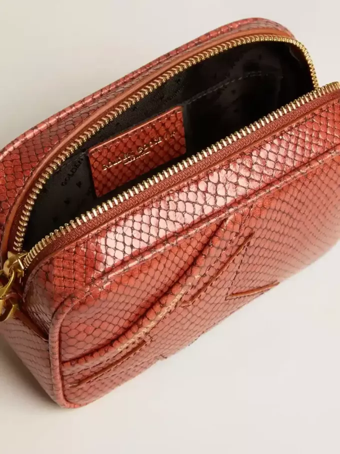 Mini Star Bag aus rostfarbenem Leder mit Schlangenprint