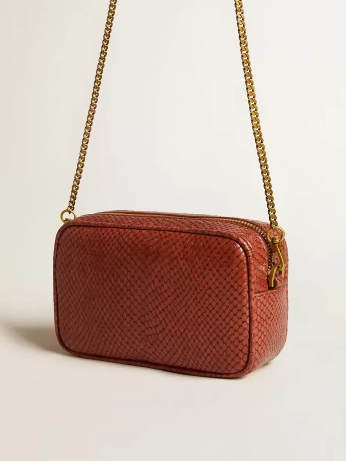 Mini Star Bag aus rostfarbenem Leder mit Schlangenprint