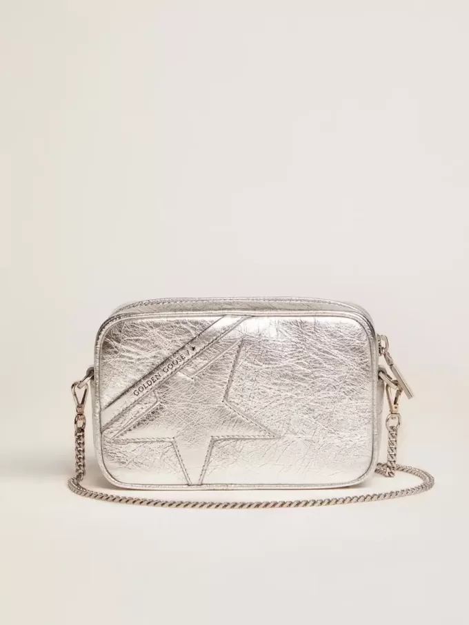 Mini Star Tasche für Damen aus silbernem laminiertem Leder mit Ton-in-Ton-Stern