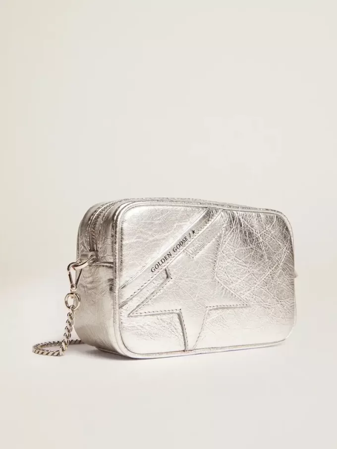 Mini Star Tasche für Damen aus silbernem laminiertem Leder mit Ton-in-Ton-Stern