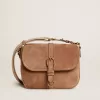 Mittlere Sally-Tasche aus aschfarbenem Wildleder mit kontrastierender Schnalle und Schulterriemen