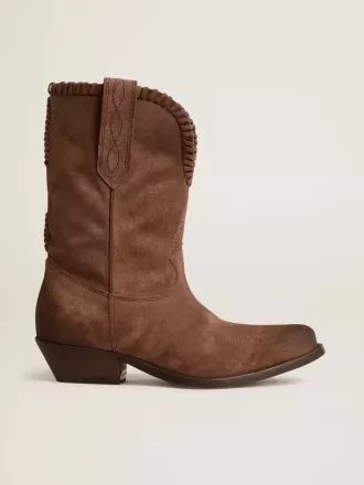 Niedrige Damenstiefel aus dunkelbraunem, gewaschenem Wildleder