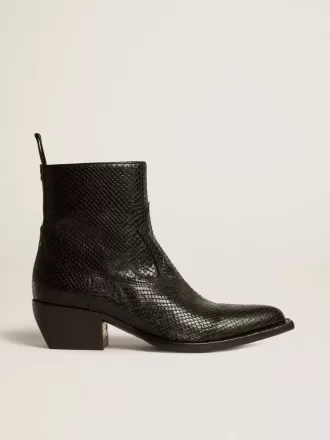 Niedrige Debbie-Stiefel aus schwarzem Leder mit Schlangenprint Niedrige Debbie-Stiefel aus schwarzem Leder mit Schlangenprint