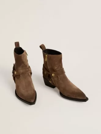 Niedrige Debbie-Stiefel aus taubengrauem Wildleder mit abnehmbarer Schnalle
