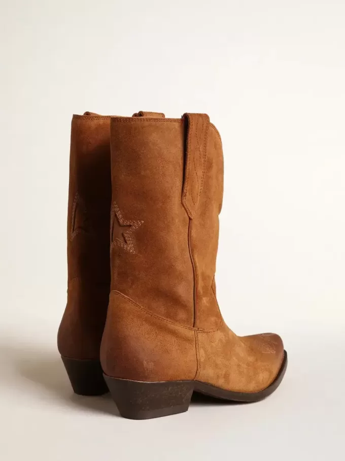 Niedrige Wish Star-Stiefel aus cognacfarbenem Wildleder mit eingearbeitetem Stern