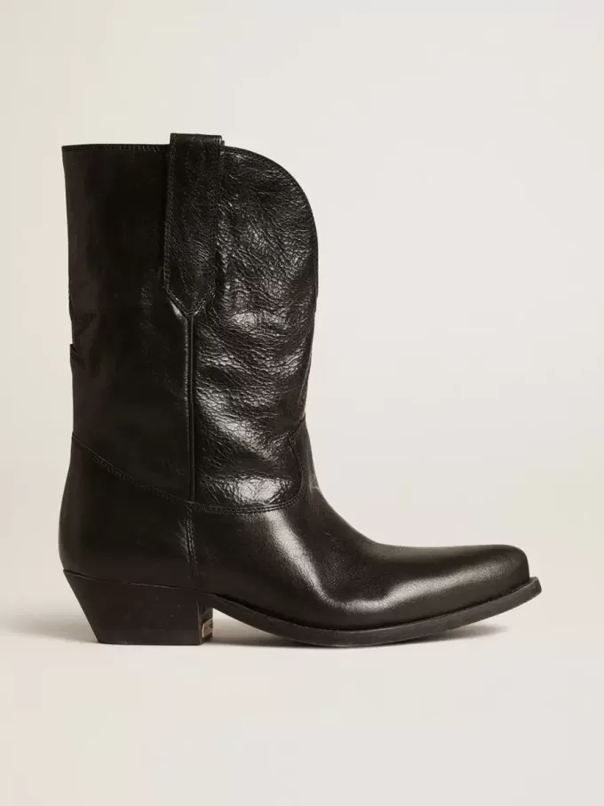 Niedrige Wish Star-Stiefel aus schwarzem Leder mit schwarzem Stern Niedrige Wish Star-Stiefel aus schwarzem Leder mit schwarzem Stern