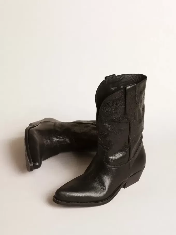 Niedrige Wish Star-Stiefel aus schwarzem Leder mit schwarzem Stern Niedrige Wish Star-Stiefel aus schwarzem Leder mit schwarzem Stern