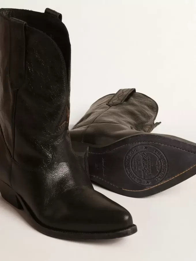 Niedrige Wish Star-Stiefel aus schwarzem Leder mit schwarzem Stern Niedrige Wish Star-Stiefel aus schwarzem Leder mit schwarzem Stern