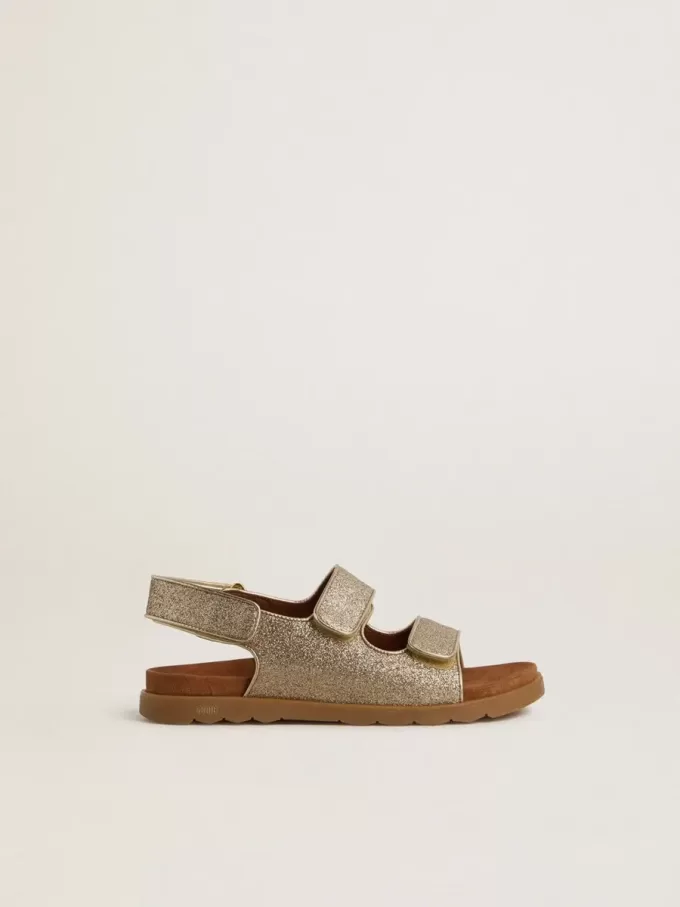 Noa Junior Sandalen aus Mikroglitter und platinfarbenem Leder
