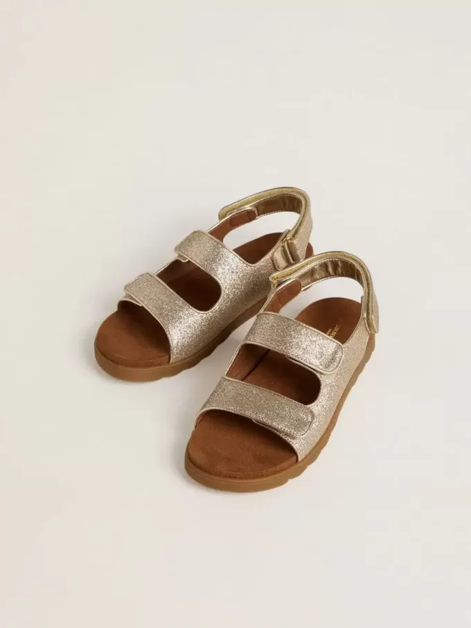 Noa Junior Sandalen aus Mikroglitter und platinfarbenem Leder