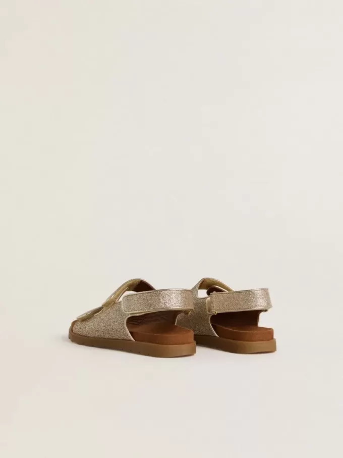 Noa Junior Sandalen aus Mikroglitter und platinfarbenem Leder