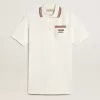 Oasis Polo-Kleid für Damen aus weißem, perforiertem Jersey mit burgunderroten Streifen